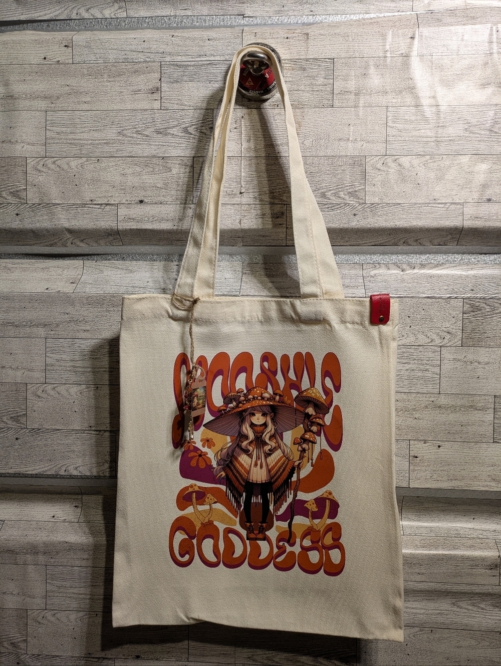 Mooshie Totes Boho Graphic Canvas Tote Bag - Cream with Orange & Purple Print